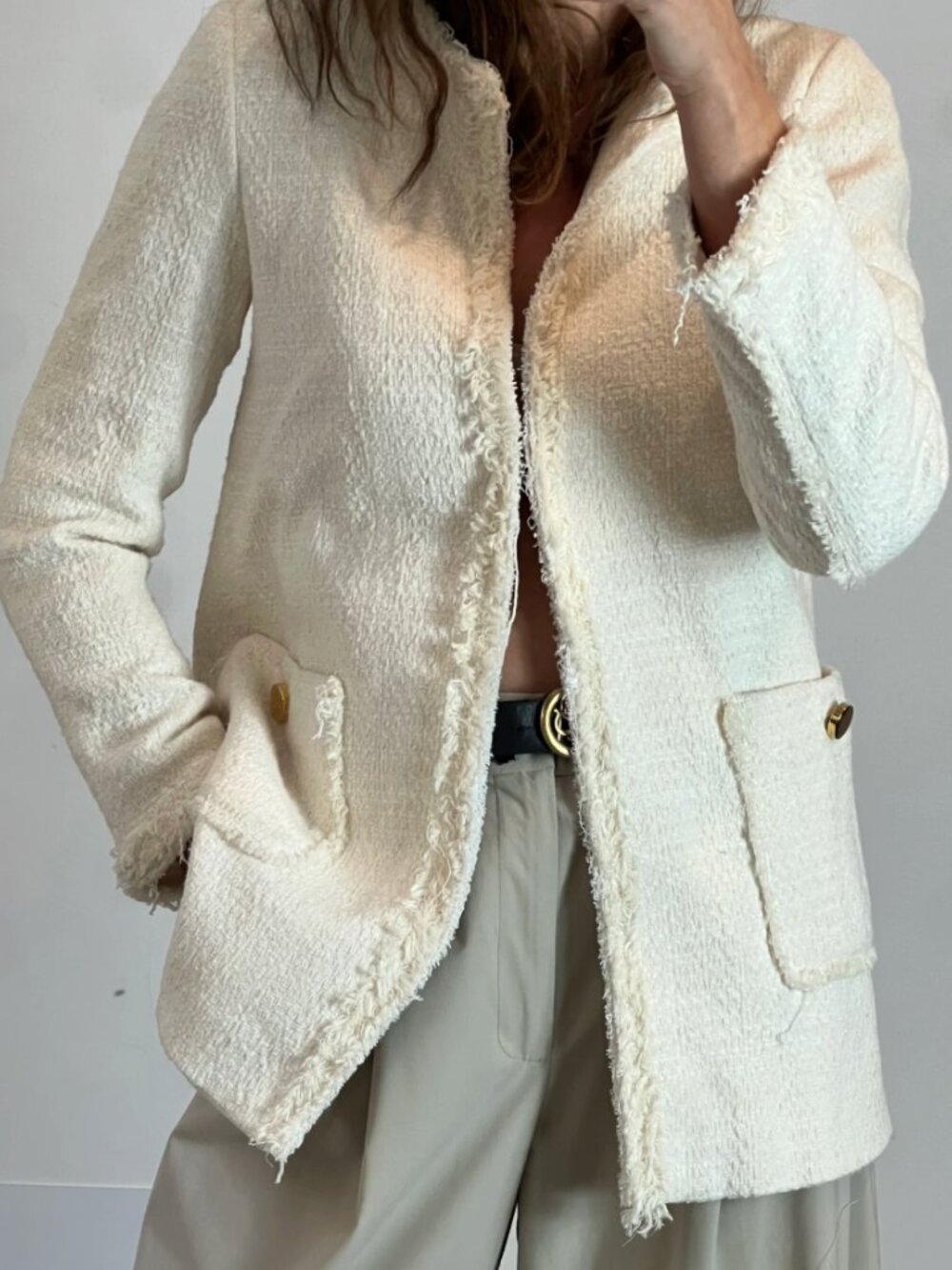 Zara Womens Ivory Cream Tweed Blazer Large Frayed Fringe Trim Lined Jacket